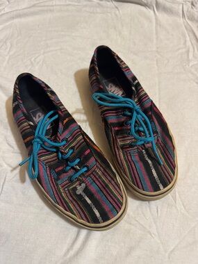 Vans Black Multicolor Striped Canvas Sneakers with Teal Laces